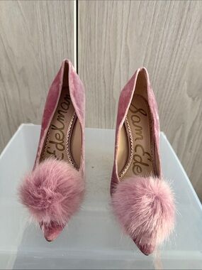 Sam Edelman Dusty Pink Velvet Pointed Pom-Pom Pumps
